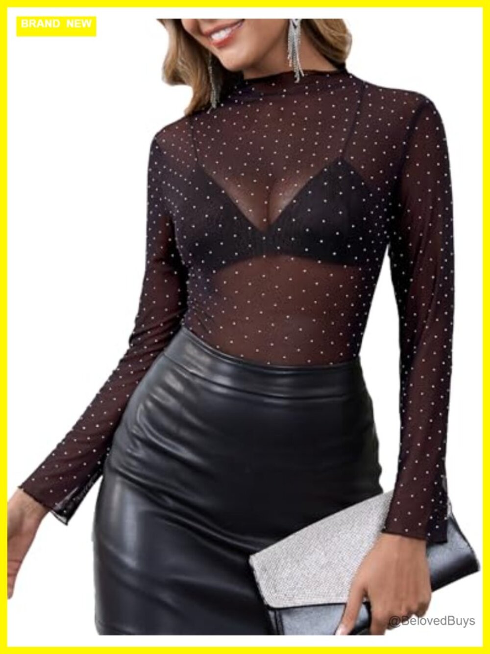 Sparkly Mesh Long Sleeve Top Sheer Lace Mock Neck Undershirt